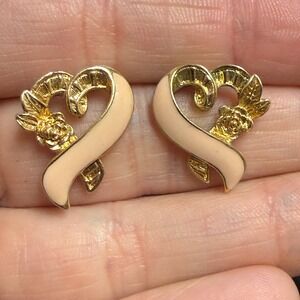 Vintage Avon Gold Tone Peach Enamel Heart Ribbon Rose Stud Earrings